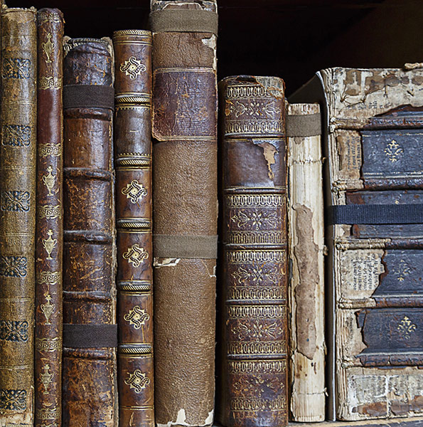 Close-up of the spines of old  antique books
